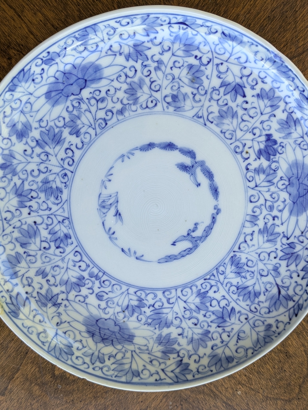 Antique Japanese Sometsuke Plate - 8.5" - Meiji Era - Bird & Scroll Motif